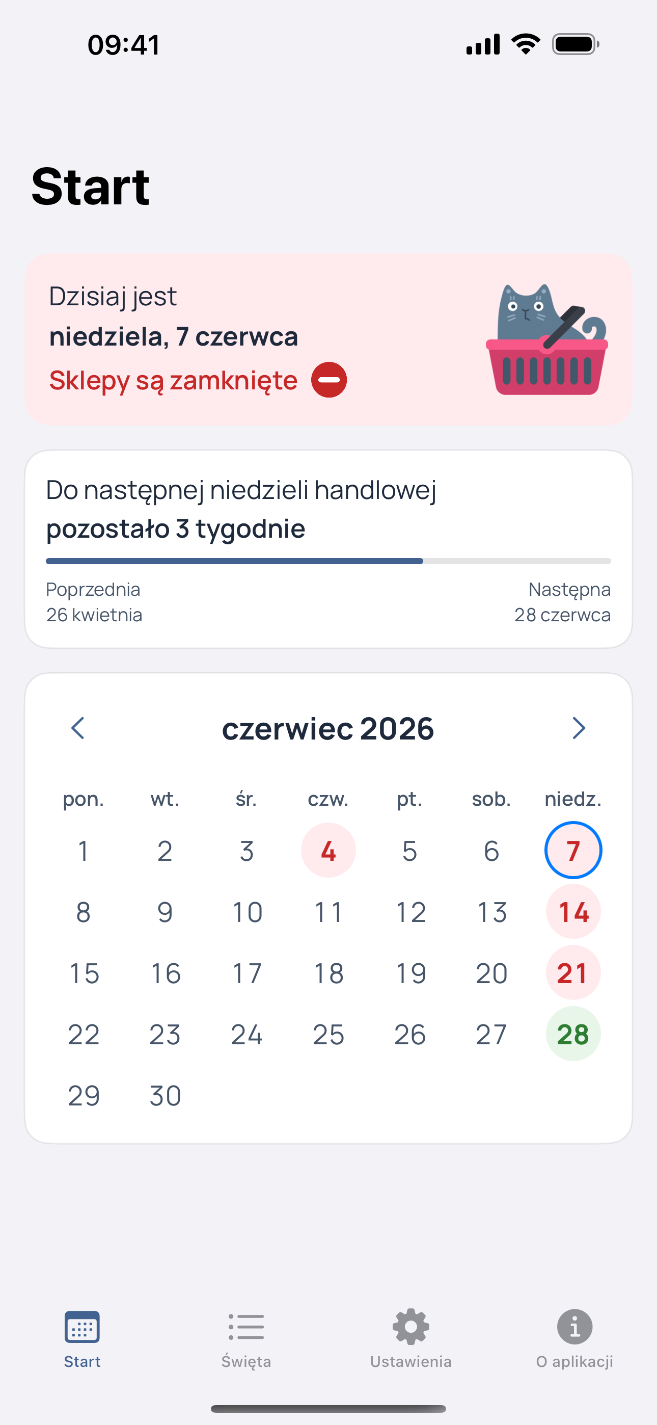Zrzut ekranu startowy: informacja o najbliższej niedzieli handlowej i odliczanie do kolejnej niedzieli handlowej.
