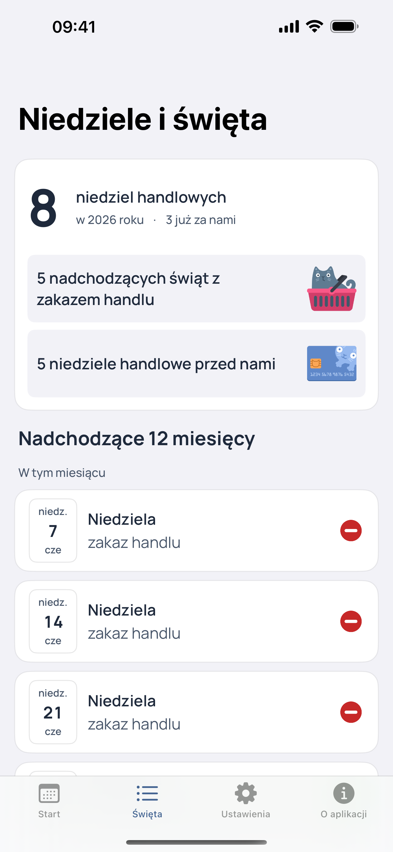 Zrzut ekranu kalendarza z listą niedziel handlowych, niedziel z zakazem handlu i świąt.