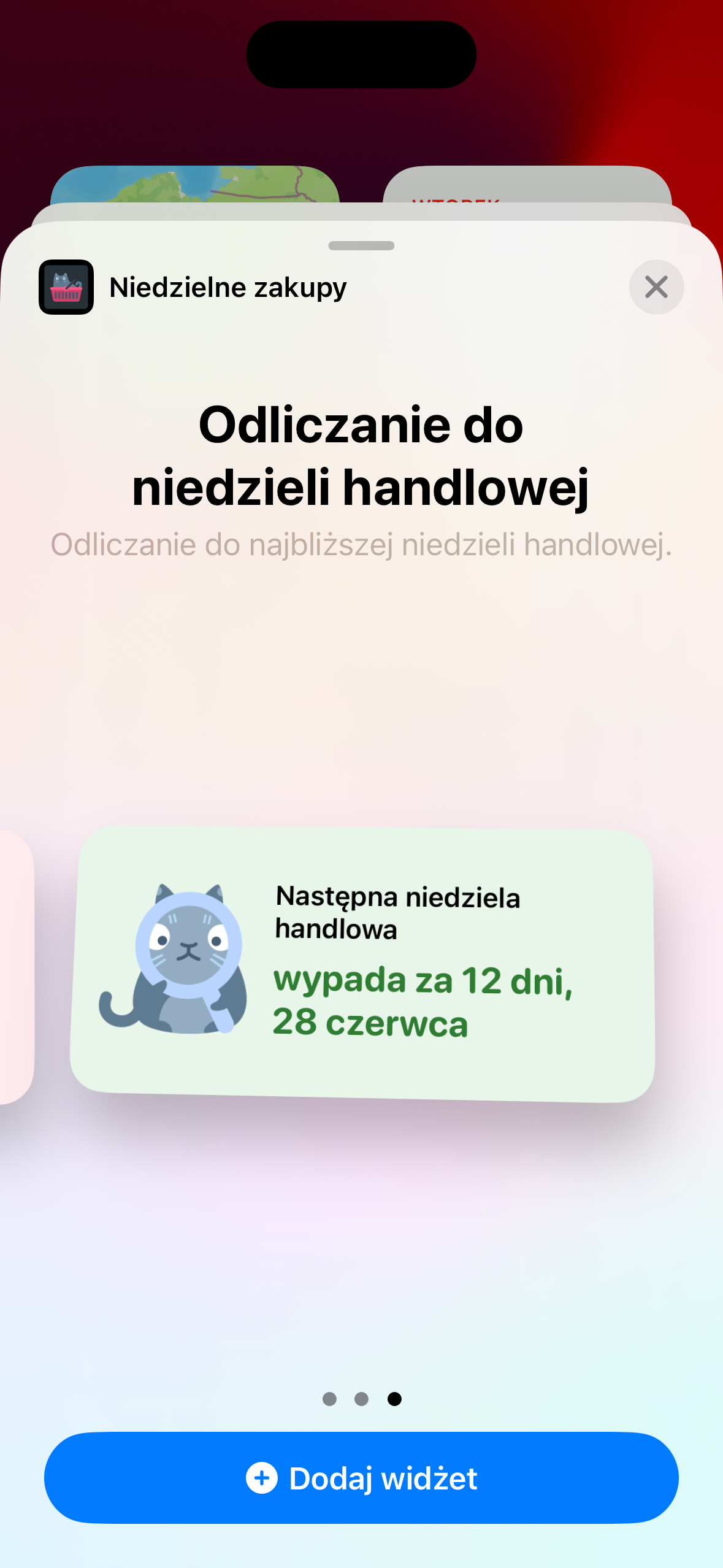 Ekran wyboru widżetu w aplikacji Niedzielne Zakupy.